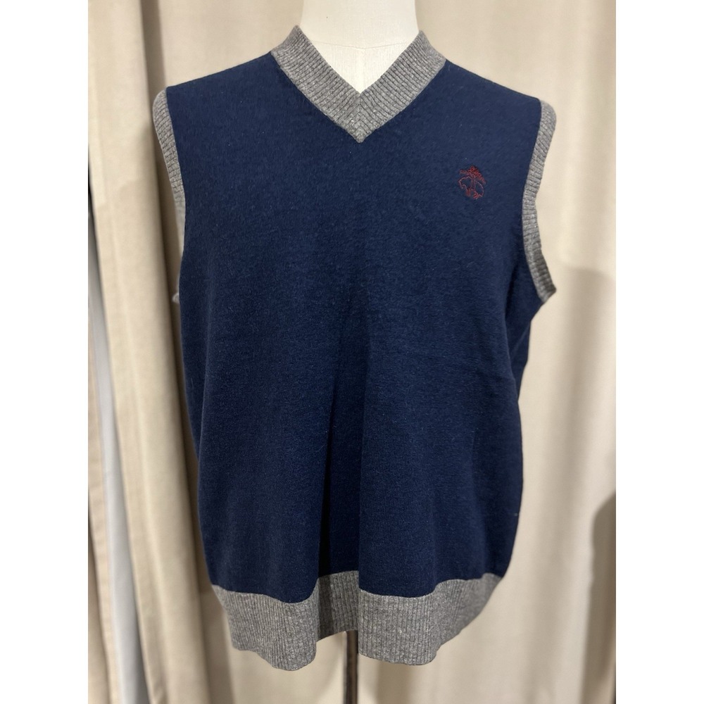 Brooks Brothers Men's 100% lambs Wool Sweater Vest Blue With Gray Trim Large